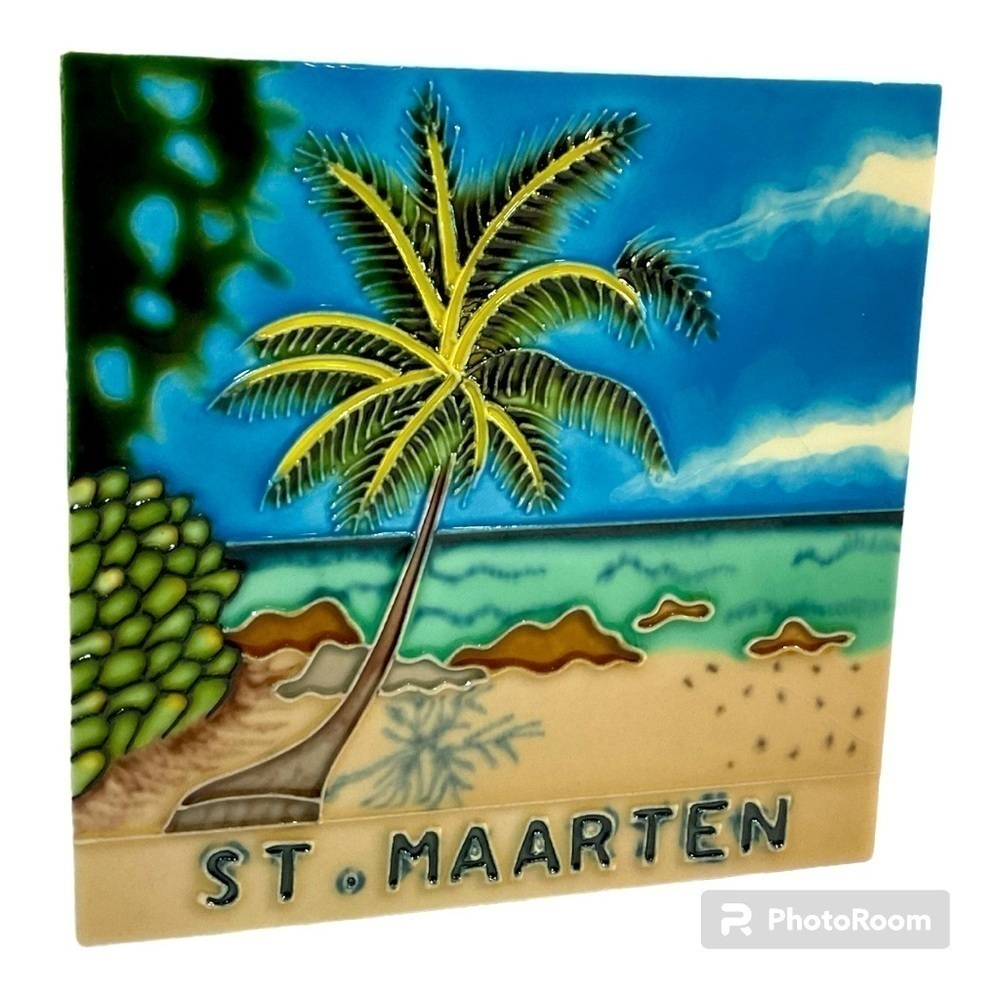 Vintage St Maarten Ceramic Tile Tropical Beach Palm Tree Wall Decor
